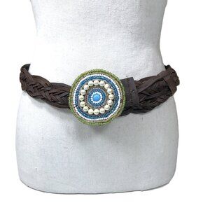 Vintage Beaded Belt Boho Southwestern Leather Belt Sz M, Sz L